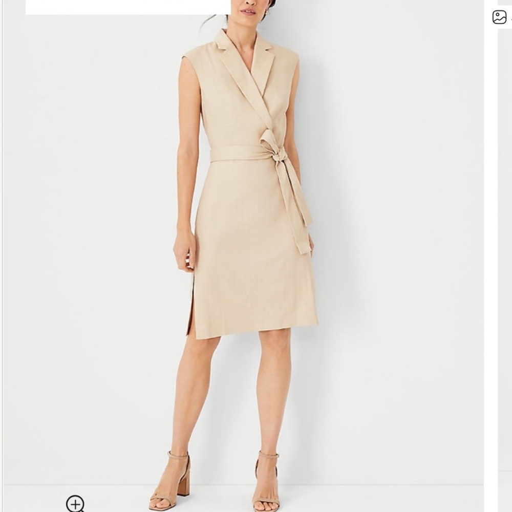 Ann Taylor The Notched Collar Tie Waist Dress In Herringbone Linen Blend NWTS